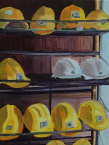 Miners’ Helmets, Kohtla-Nomme Mine, Ida-Virumaa Estonia | Oil on canvas 40 x 30 cm framed 2024 | Judy Carroll Deeley